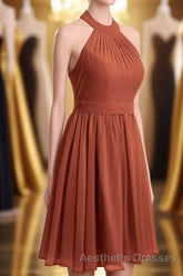 Rust Orange Chiffon Halter Backless A-Line Short Bridesmaid Dresses